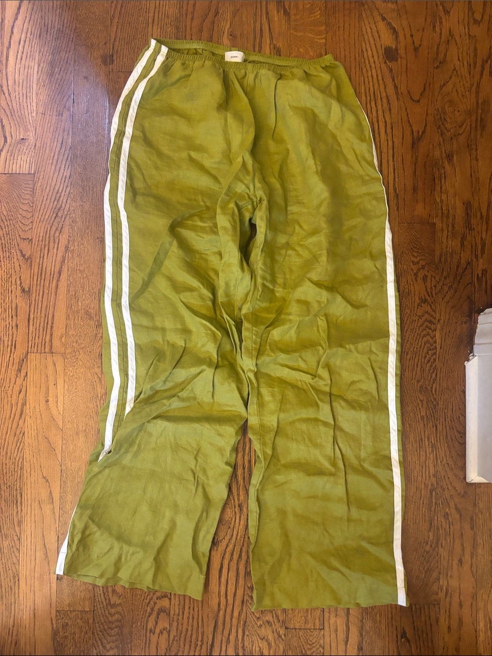 DONNI. Pistachio Linen Stripe Crop Racer Pants